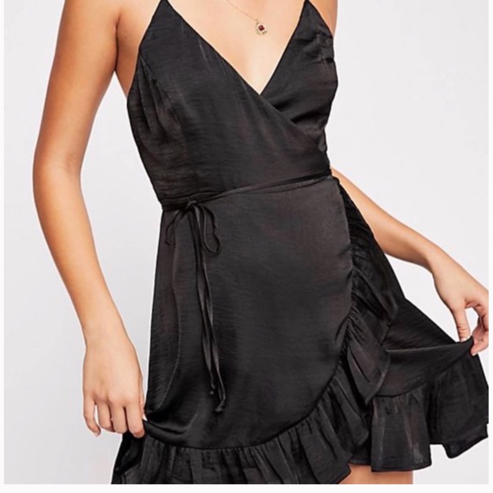 Free People All My Love Wrap Mini Dress Black Satin